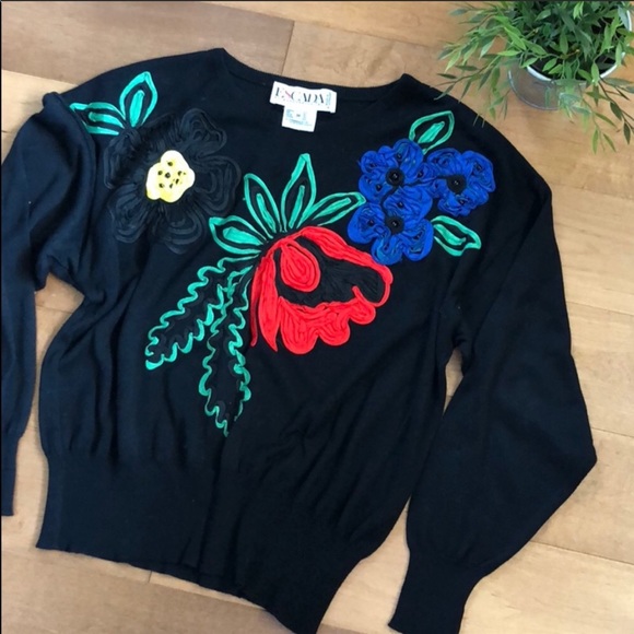 Escada Sweaters - VTG ESCADA black floral embroidered sweater B9